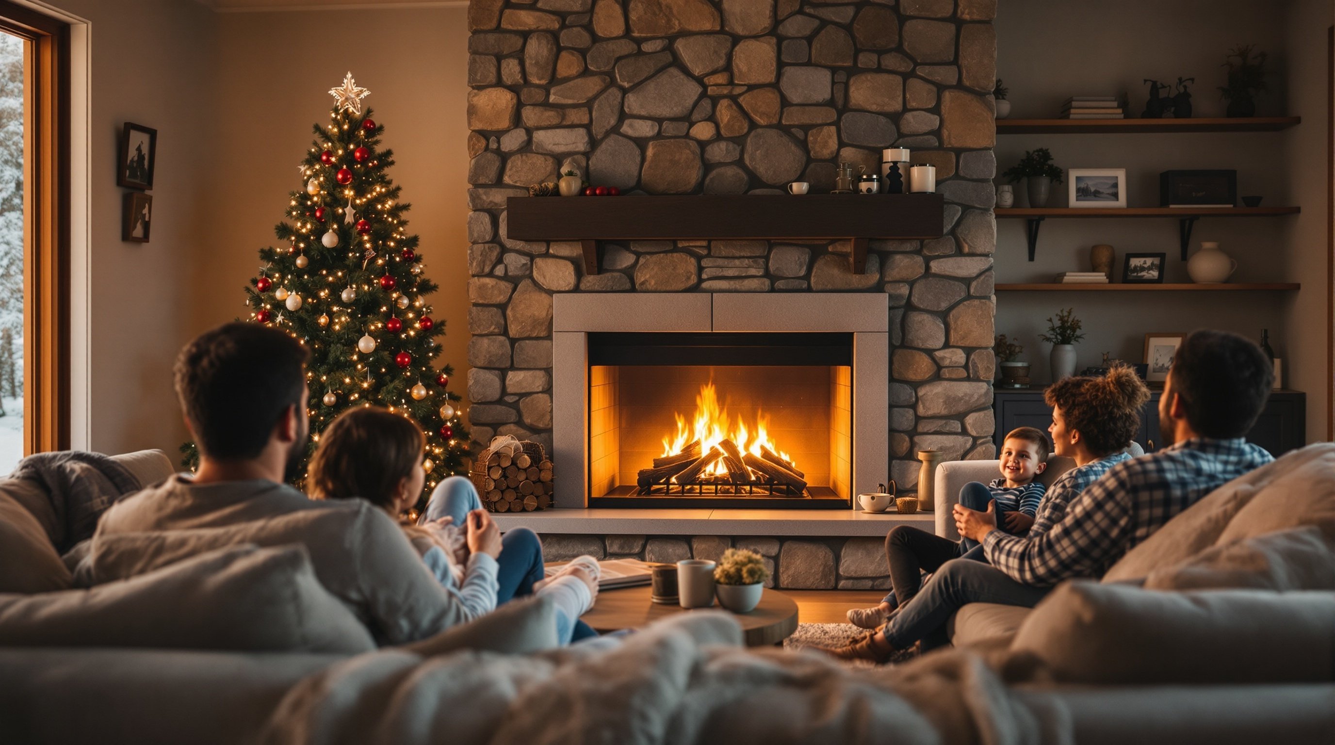 Family gathering around fireplace in warm winter setting