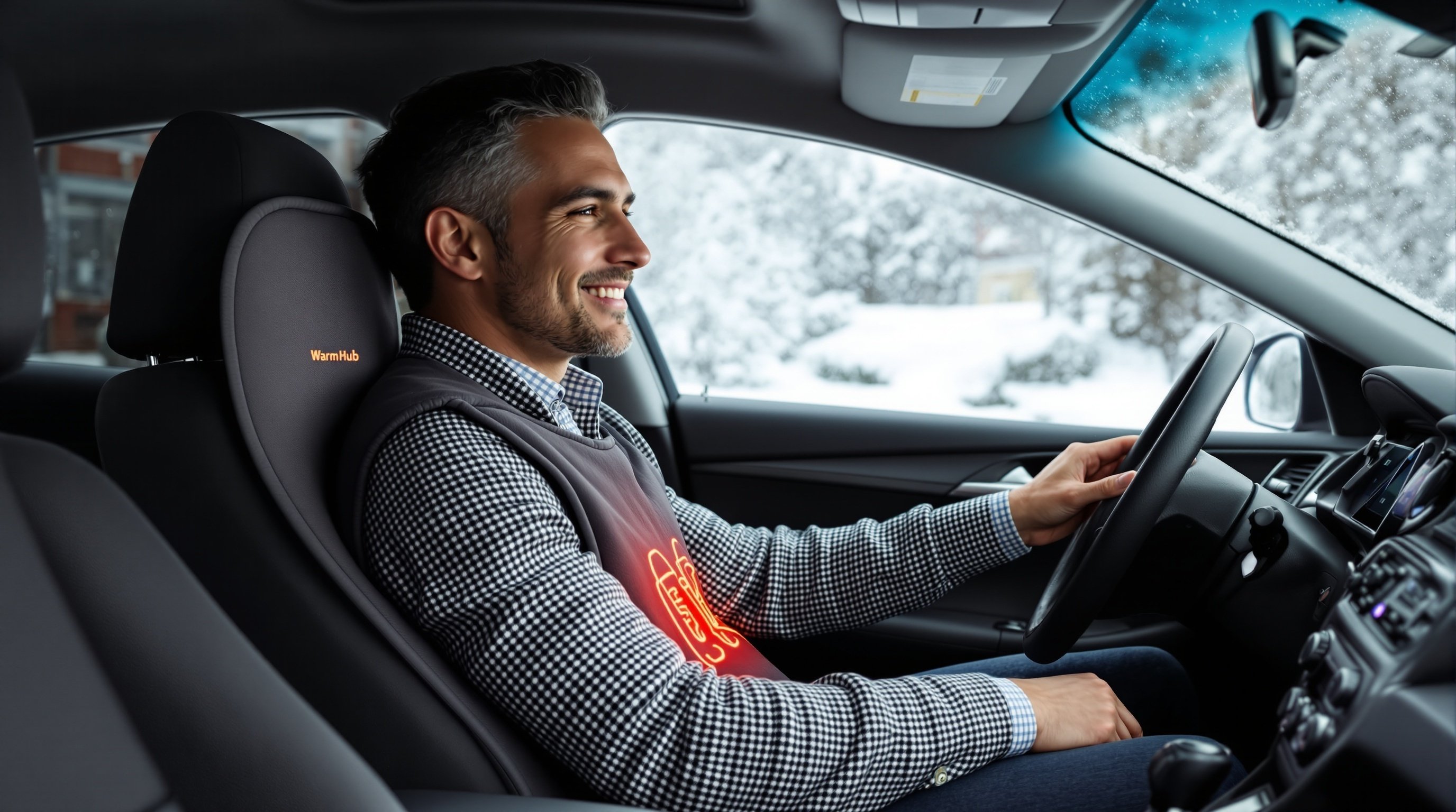 Person using heating pad in car for back support during winter commute