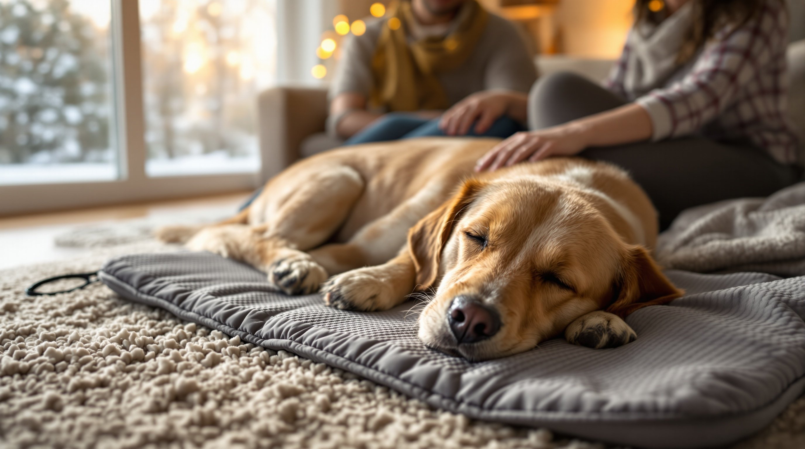Pet dog resting comfortably on heating pad in cozy home