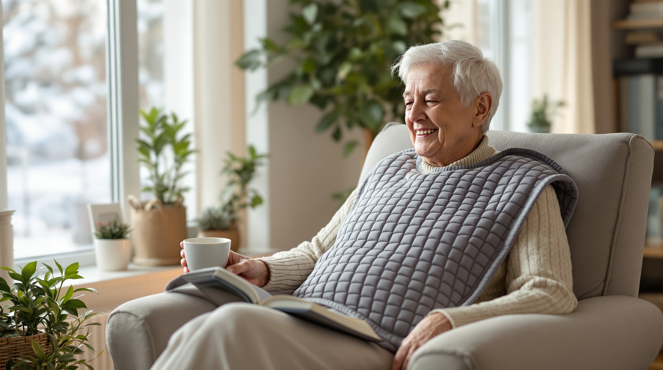 Senior person using heating pad for pain relief and comfort at home